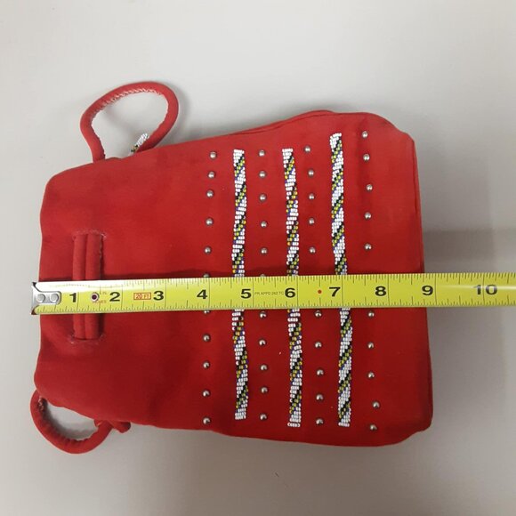 Vintage Ladies Red Suede Hand beaded drawstring bag Southwestern - Picture 10 of 12